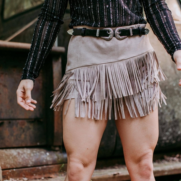 Holy Cow Vegan Suede Fringe Front Shorts - Taupe - Picture 1 of 5
